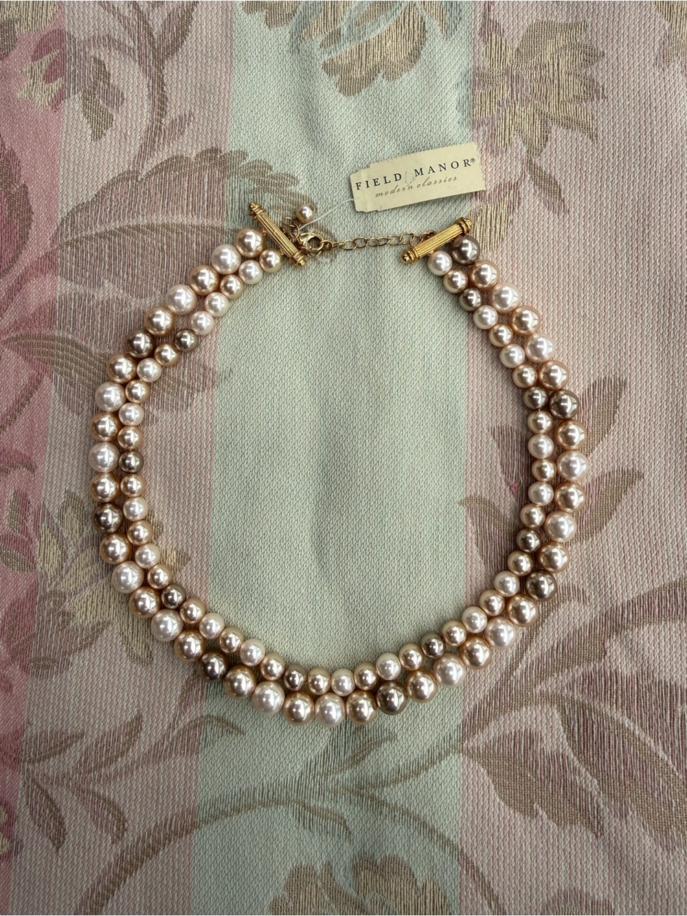 Field Manor Double Strand Champagne & Cream Faux Pearl Gold Tone Necklace NWT